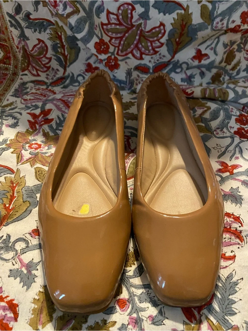 ANTONIO MELANI Patent Tan Square-Toe Ballet Flats
